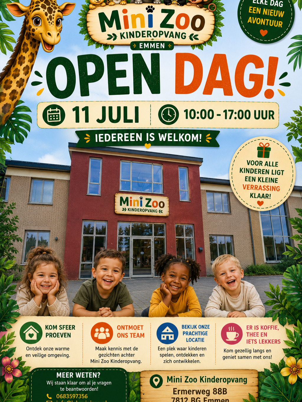 Poster Open Dag Mini Zoo Kinderopvang Emmen op 11 juli van 10:00 tot 17:00 uur